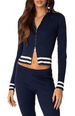 EDIKTED Pluto Rib Zip Cardigan in Navy
