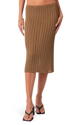 EDIKTED Quynh Back Slit Rib Midi Sweater Skirt in Olive