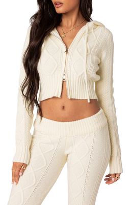 EDIKTED Ray Cable Stitch Hooded Crop Jacket in Cream
