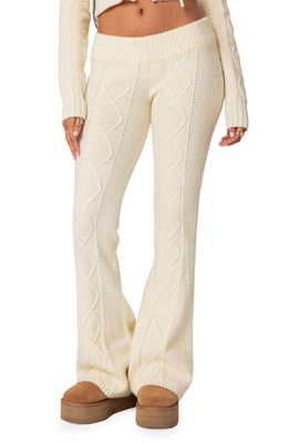 EDIKTED Ray Cable Stitch Knit Flare Sweater Pants in Cream