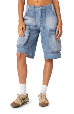 EDIKTED Rex Denim Cargo Bermuda Shorts in Blue-Washed