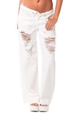 EDIKTED Ripped Foldover Boyfriend Jeans in White