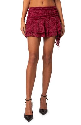 EDIKTED Ruby Ruffle Lace Miniskirt in Burgundy