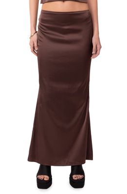 EDIKTED Ruched Satin Maxi Skirt in Brown
