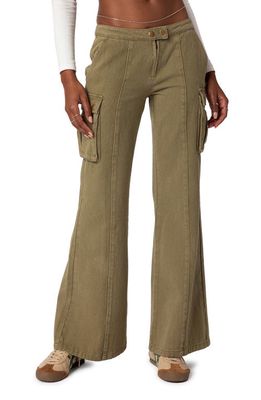 EDIKTED Sabri Low Rise Flare Leg Cargo Jeans in Olive