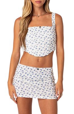 EDIKTED Sinclair Floral Print Pointelle Corset Top in White-And-Blue