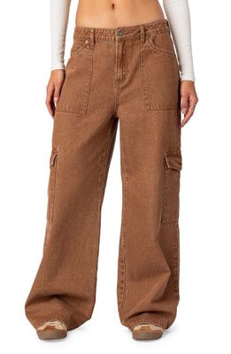 EDIKTED Stonewash Mid Rise Rigid Cargo Jeans in Brown-Washed