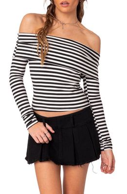 EDIKTED Stripe Foldover Off the Shoulder Crop Top in Black-And-White