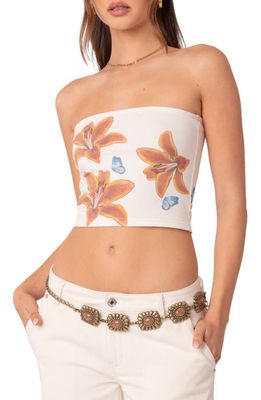 EDIKTED Tiger Lily Print Cotton Tube Top in White