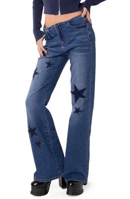 EDIKTED Twinkle Star Patch Flare Jeans in Blue
