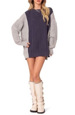 EDIKTED Two-Tone Cable Stitch Long Sleeve Mini Sweater Dress in Navy-And-Gray