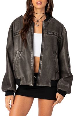 EDIKTED Vava Washed Faux Leather Bomber Jacket in Gray-Washed