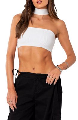 EDIKTED Westy Choker Rib Bandeau Crop Top in White