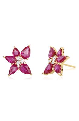 EF Collection Diamond Trio & Ruby Cluster Stud Earrings in 14K Yellow Gold