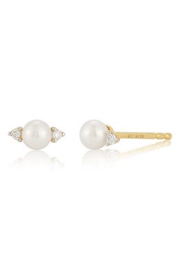 EF Collection Freshwater Pearl & Diamond Stud Earrings in 14K Yellow Gold