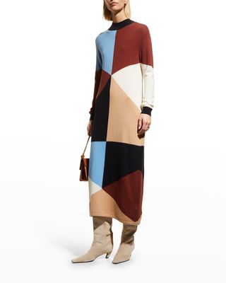 Eider Mock-Neck Geometric Cashmere Midi Dress