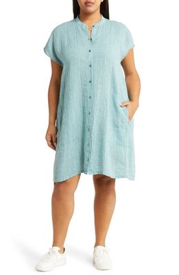 Eileen Fisher Band Collar Cap Sleeve Organic Linen Shirtdress in Amalfi