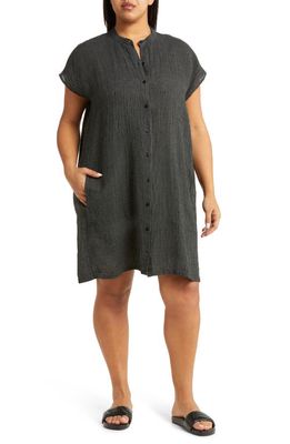 Eileen Fisher Band Collar Cap Sleeve Organic Linen Shirtdress in Black