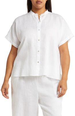 Eileen Fisher Band Collar Linen Button-Up Shirt in White