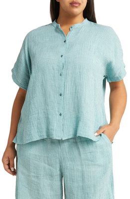 Eileen Fisher Band Collar Organic Linen Button-Up Shirt in Amalfi