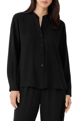 Eileen Fisher Band Collar Silk Button-Up Shirt in Black