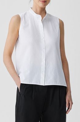 Eileen Fisher Band Collar Sleeveless Organic Cotton Shirt in White 