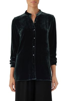 Eileen Fisher Band Collar Velvet Button-Up Shirt in Ivy