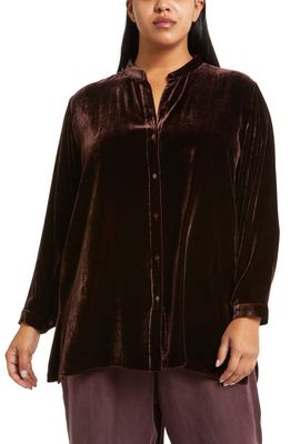 Eileen Fisher Band Collar Velvet Longline Button-Up Shirt in Cassis
