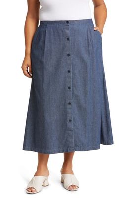 Eileen Fisher Button Front Organic Cotton A-Line Skirt in Denim