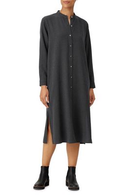 Eileen Fisher Check Mandarin Collar Long Sleeve Shirtdress in Meteor