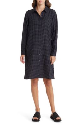 Eileen Fisher Check Print Wool Blend Long Sleeve Shirtdress in Black