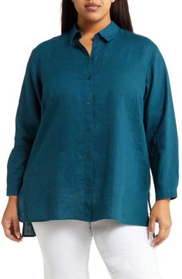 Eileen Fisher Classic Collar Easy Linen Button-Up Shirt in Pacific