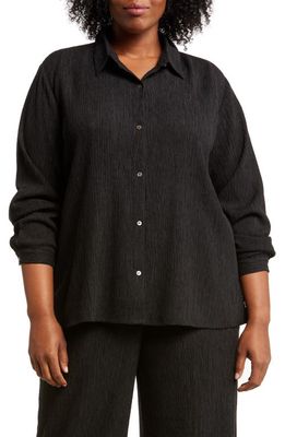 Eileen Fisher Classic Collar Easy Plissé Button-Up Shirt in Black