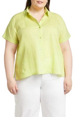 Eileen Fisher Classic Collar Short Sleeve Linen Button-Up Shirt in Honeydew