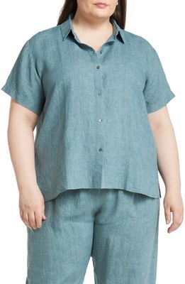 Eileen Fisher Classic Collar Short Sleeve Organic Linen Button-Up Shirt in Nile