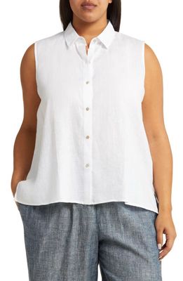 Eileen Fisher Classic Collar Sleeveless Linen Button-Up Shirt in White