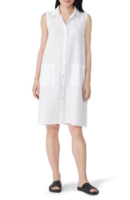 Eileen Fisher Classic Collar Sleeveless Organic Linen Shirtdress in White