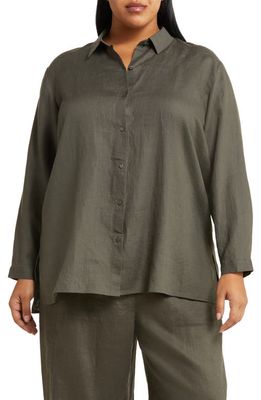 Eileen Fisher Classic Easy Organic Linen Button-Up Shirt in Grove