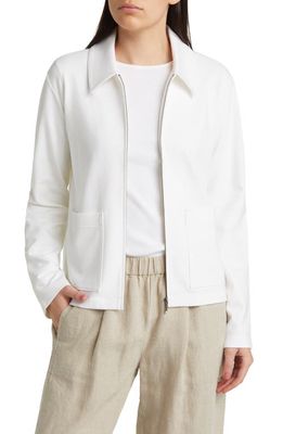 Eileen Fisher Classic Point Collar Zip-Up Ponte Jacket in Ivory