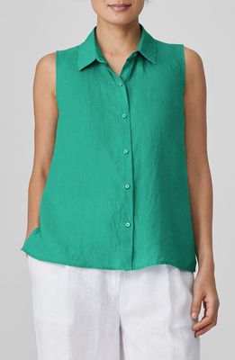 Eileen Fisher Classic Sleeveless Organic Linen Button-Up Shirt in Sea Star