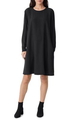 Eileen Fisher Crewneck Long Sleeve Silk Shift Dress in Black