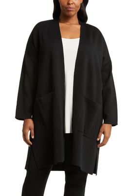 Eileen Fisher Longline Merino Wool Blend Open Front Cardigan in Black/Charcoal