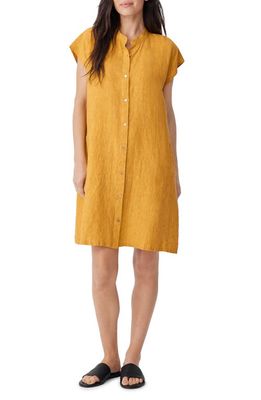 Eileen Fisher Mandarin Collar Cap Sleeve Organic Linen Shirtdress in Marigold