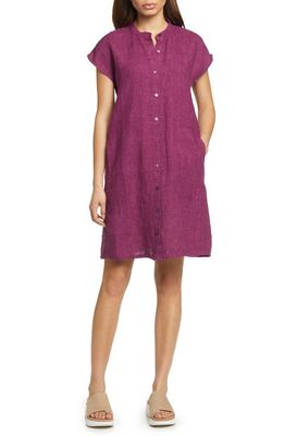 Eileen Fisher Mandarin Collar Cap Sleeve Organic Linen Shirtdress in Raspberry