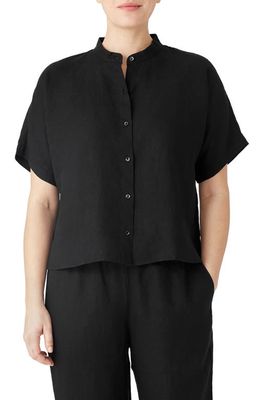 Eileen Fisher Mandarin Collar Linen Button-Up Shirt in Black