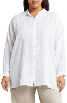 Eileen Fisher Mandarin Collar Organic Linen & Cotton Button-Up Shirt in White