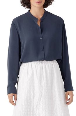 Eileen Fisher Mandarin Collar Silk Button-Up Shirt in Ocean