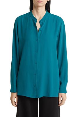 Eileen Fisher Mandarin Collar Silk Button-Up Shirt in Peacock