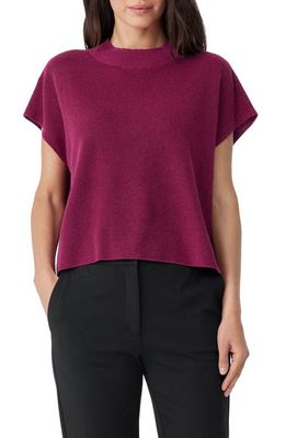 Eileen Fisher Mock Neck Organic Linen & Cotton Short Sleeve Sweater in Raspberry