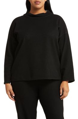 Eileen Fisher Mock Neck Reversible Box Organic Cotton Knit Top in Black